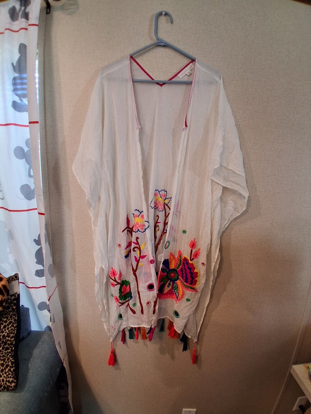 lovestitch White Boho Kimono Tunic with Multicolor Floral Embroidery